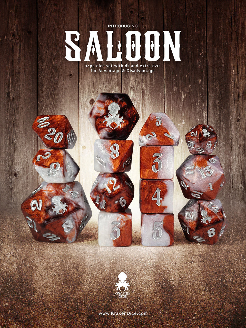 Saloon 14pc Dice Set inked in Silver